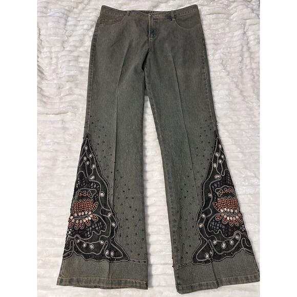 Sharon Young Denim - womens jeans Sharon Young Beaded Mesh Flare Jeans Size 12 Y2K